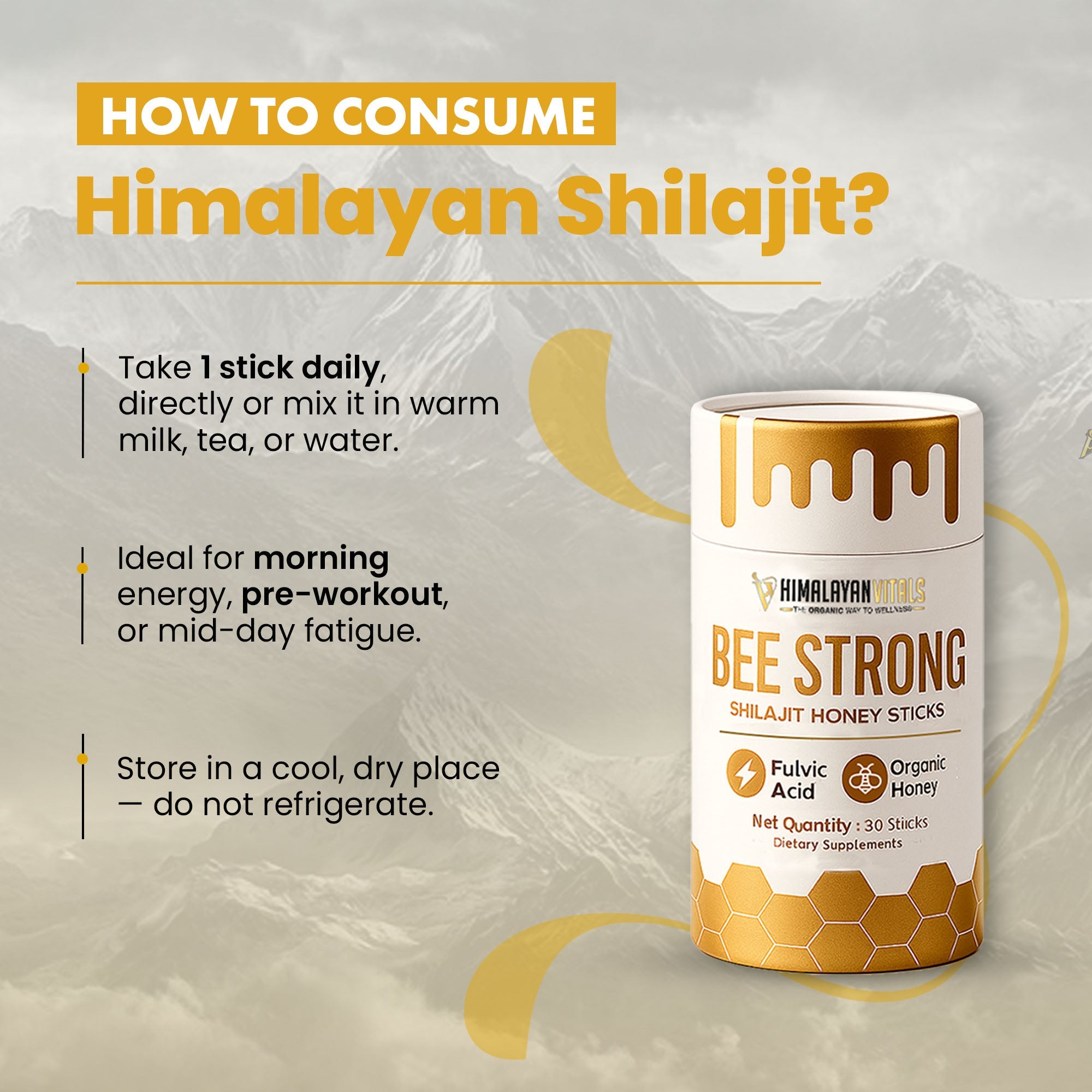 Beestrong Sticks- Shilajit Honey Sticks with 15 servings per container
